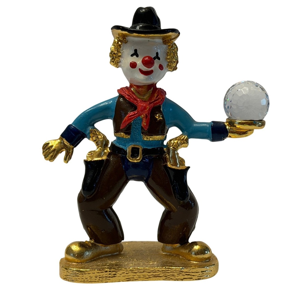 Vintage Spoontiques Pewter Cowboy Clown Figurine Crystal Ball Gold Trim USA